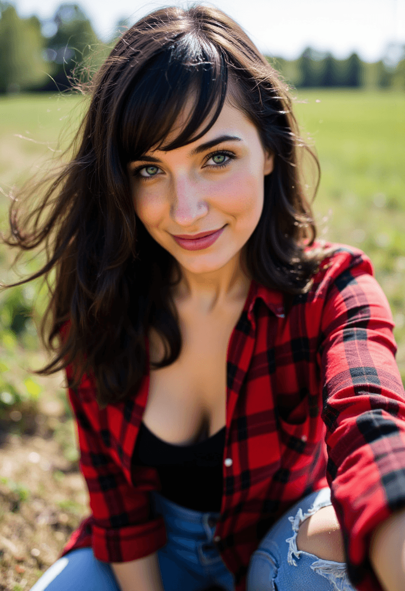 AI generated: To capture this selfie, the woman chose a rustic setting - a farm in the great outdoors. The natural...