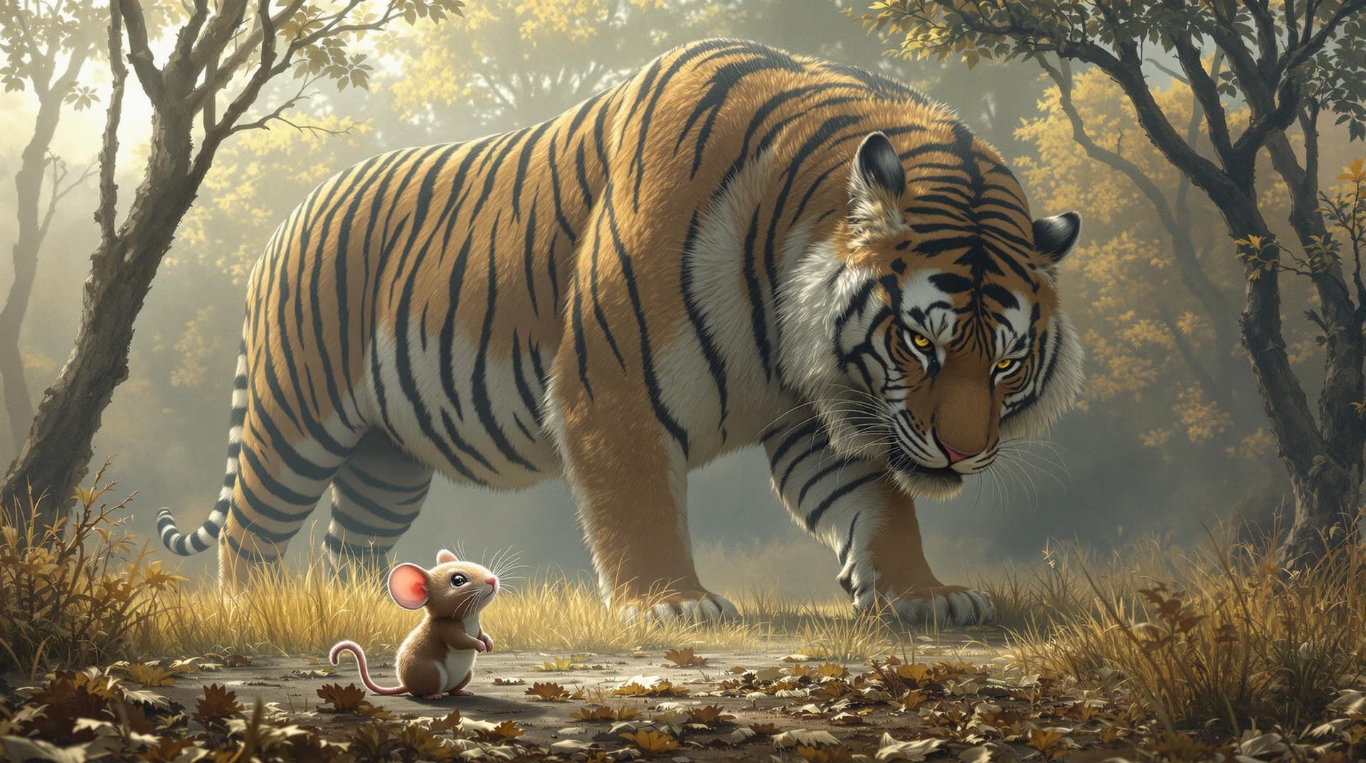 AI generated: a huge mouse standing by a same sized tiger