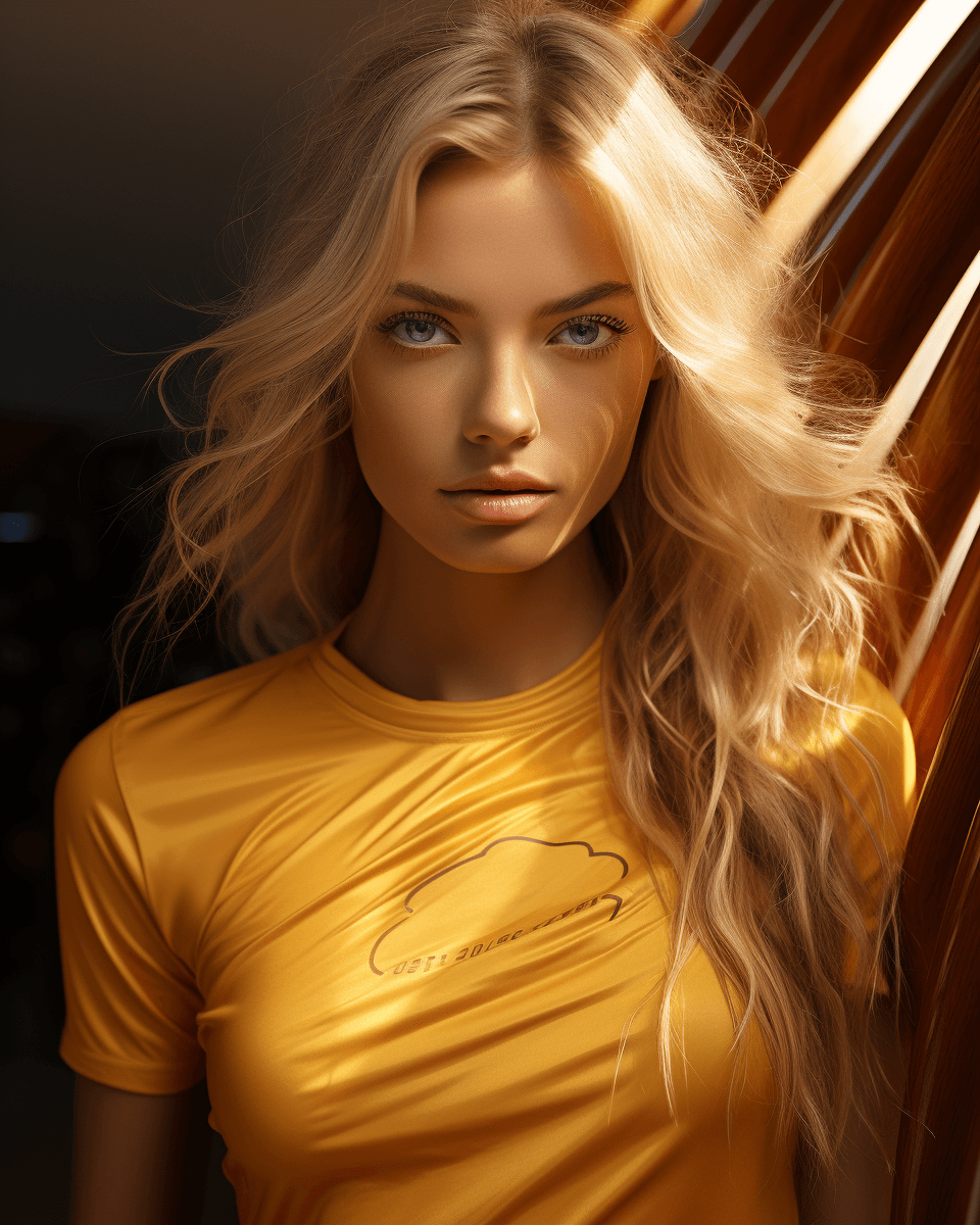 AI generated: blonde woman wearing a yellow shirt and a surfboard, in the style of daz3d, photo taken with nikon d...