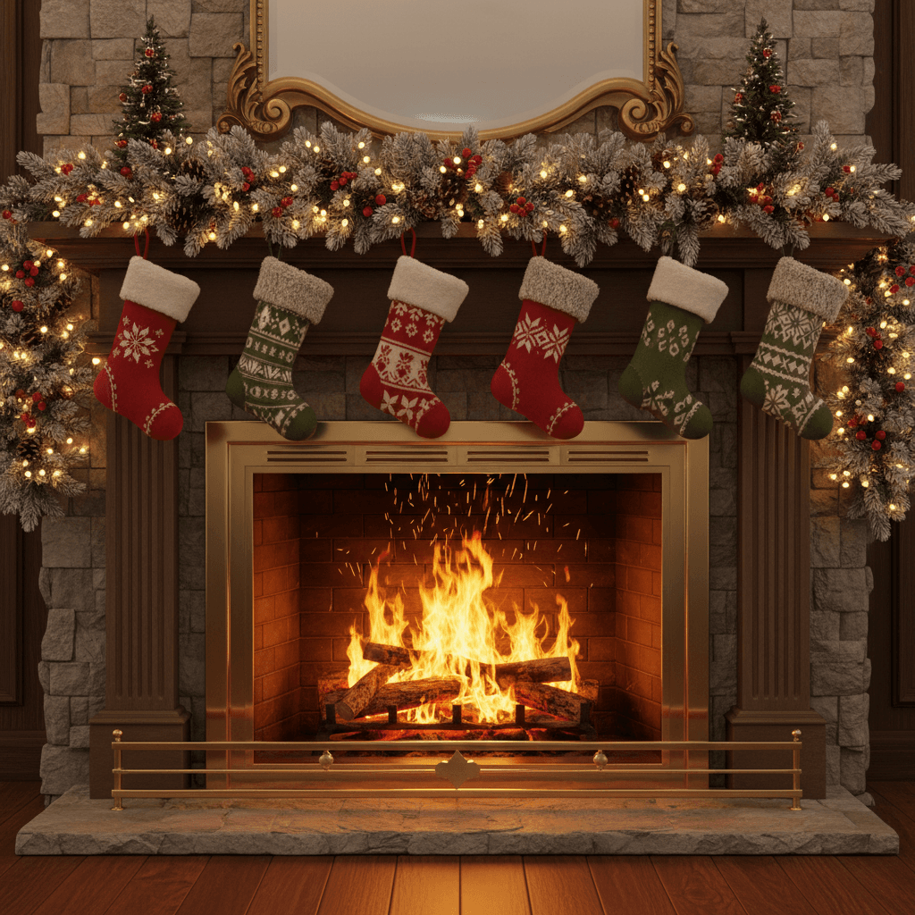AI generated: "3D model of a fireplace decorated with Christmas stockings, pine garland, and a roaring fire"