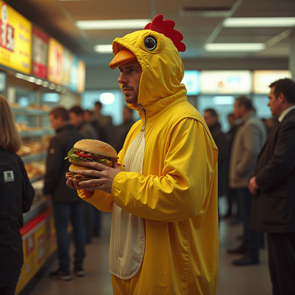 AI generated: man wearing a cheap, tired chicken costume, standing in a long que to buy a sandwich, ultra detailed...