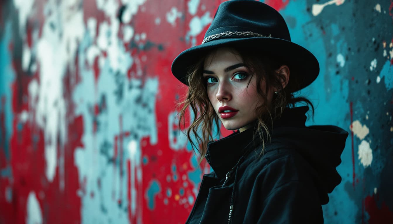 AI generated: close up, full color painting wall, standing  woman
, (looking at viewer:) , Porkpie hat, black jake...