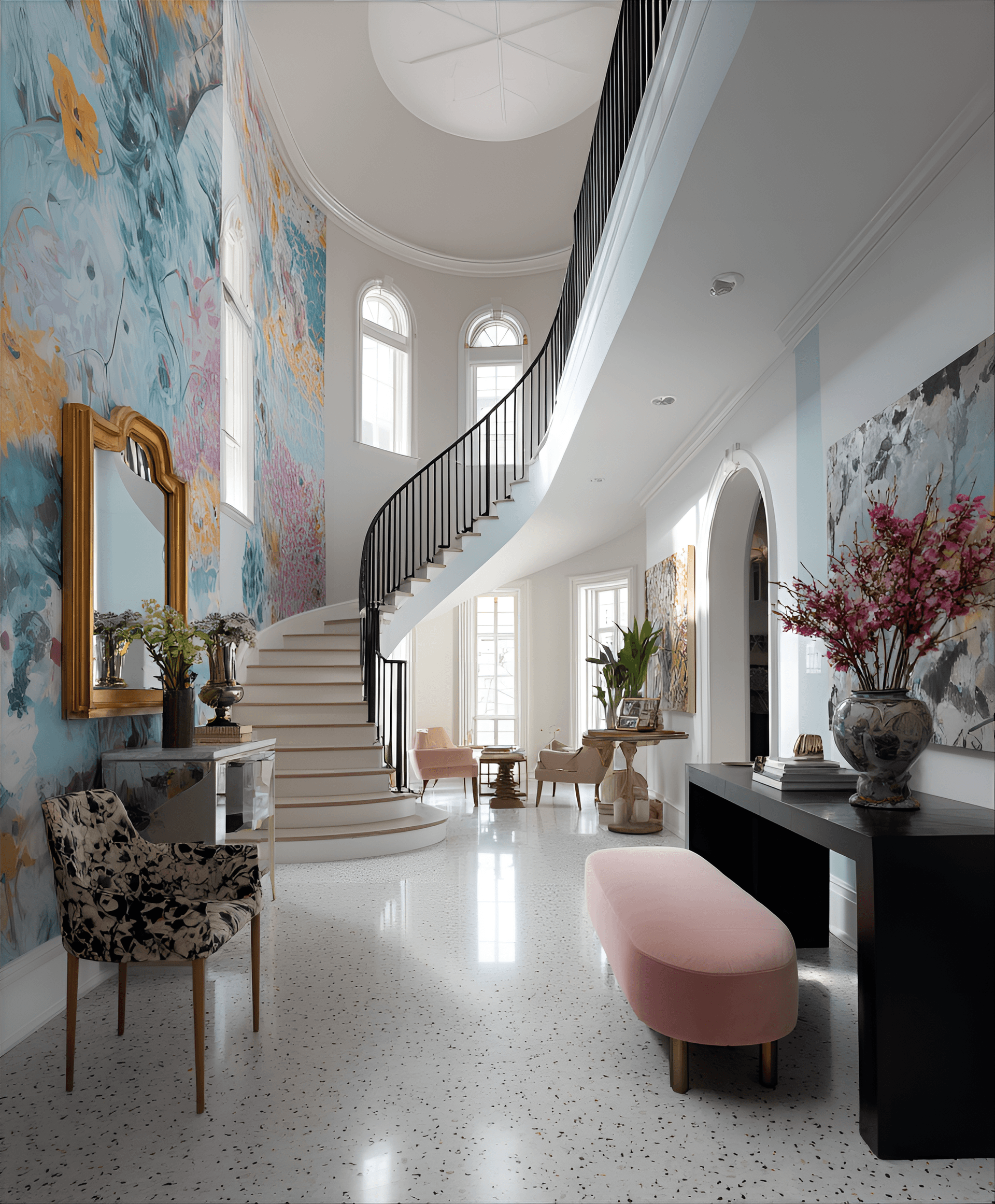 AI generated: photography, a space with high ceilings, terrazzo flooring, curated art pieces, and bold furniture c...