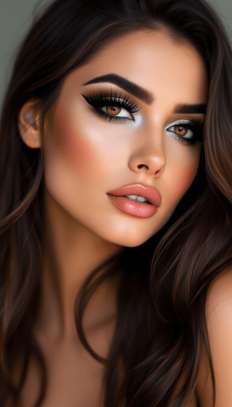 AI generated: a photo of a beautiful brunette woman with thick false eyelashes, thick black eyeliner, black eyesha...