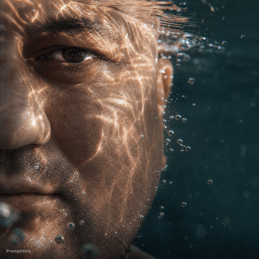 AI generated: Hyper-realistic, ultra-detailed close-up portrait showing only the left half of my face submerged in...