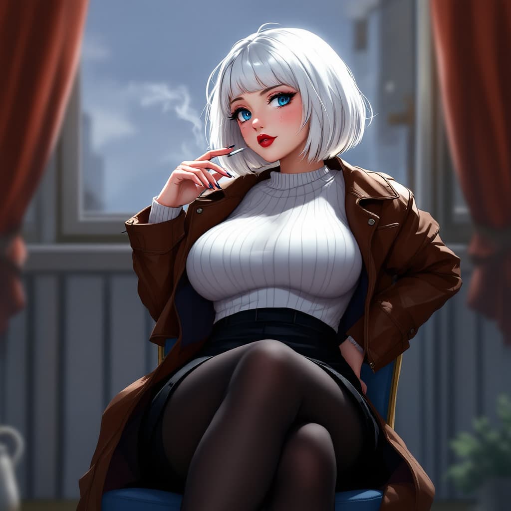 AI generated: anime, woman, white hair, bob cut, blue eyes, freckles, red lips, white sweater, tight sweater, shor...