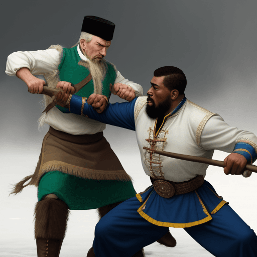AI generated: cossack ukrainian man attacking black man