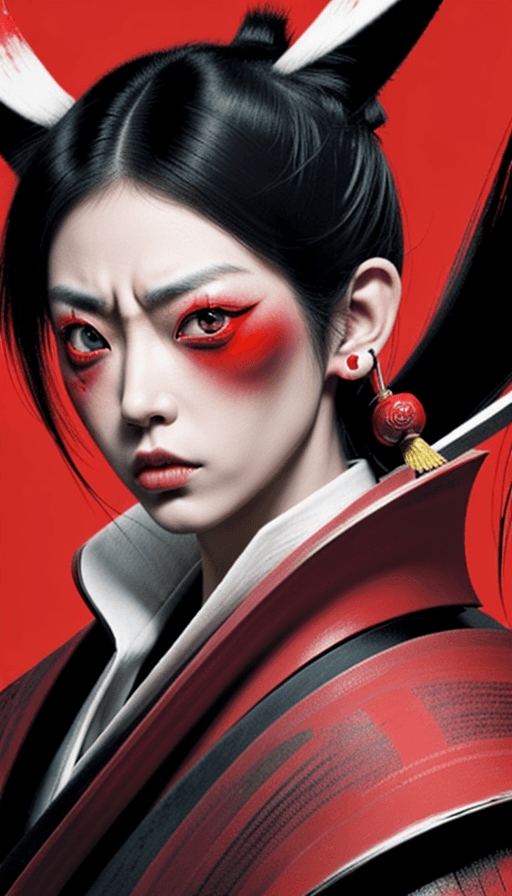 AI generated: red samurai with one big eye and big ears, crazy colors