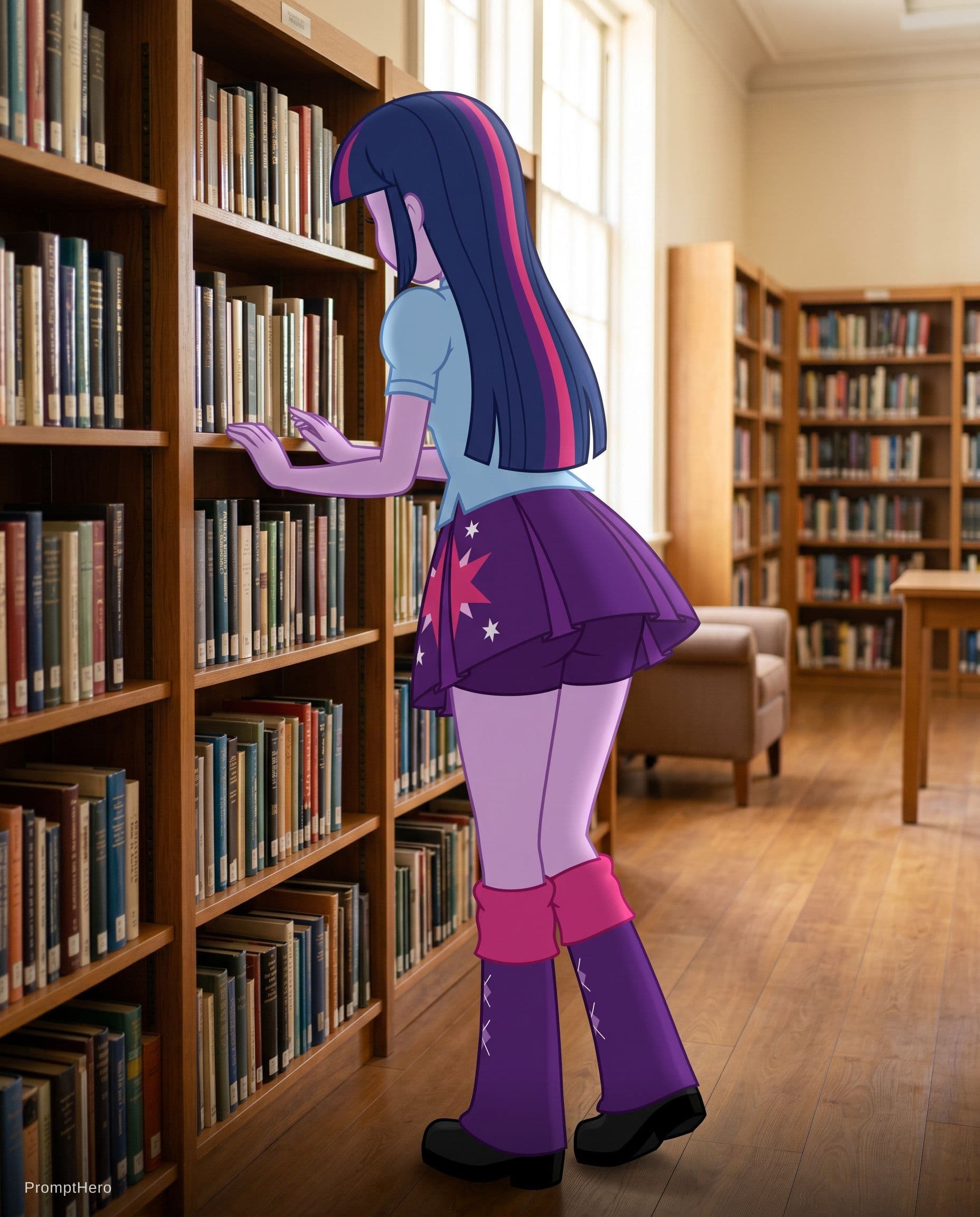 AI generated: Make the Twilight Sparkle character standing relaxed while holding a bookshelf filled with many book...