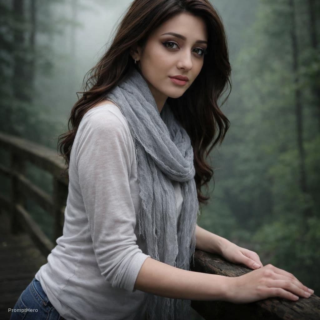 AI generated: A photorealistic portrait of a woman standing on a weathered wooden bridge in a dense, misty forest....