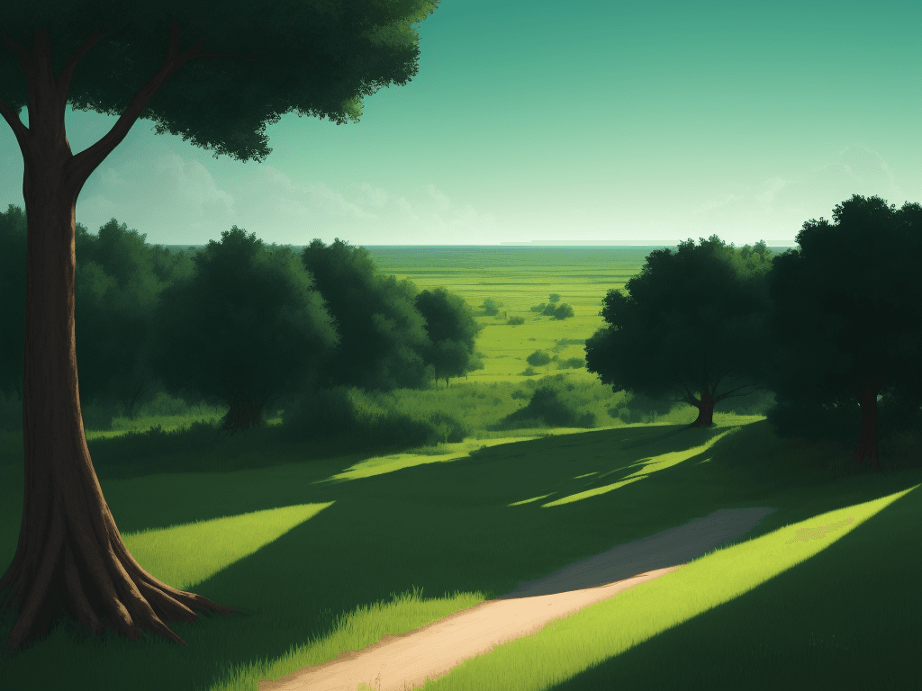 AI generated: Illustration of a plain. trees on border, light, day, view of a sky, video game, green, 16:9