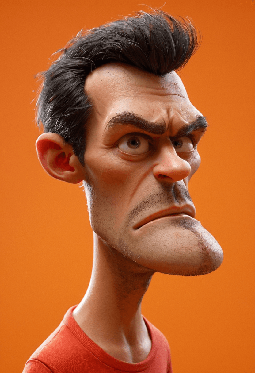 AI generated: A caricature of a man with exaggerated features is set against a vibrant orange backdrop. His skin i...