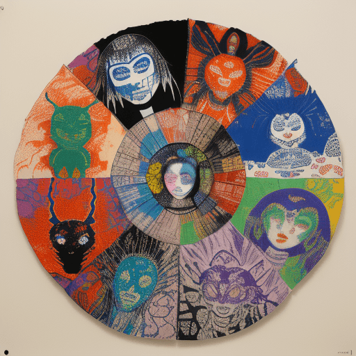 AI generated: •	Robert Rauschenberg Yoshitaka Amano monotype Lithography minimalistic Kimaira Baku Yumemakura colo...