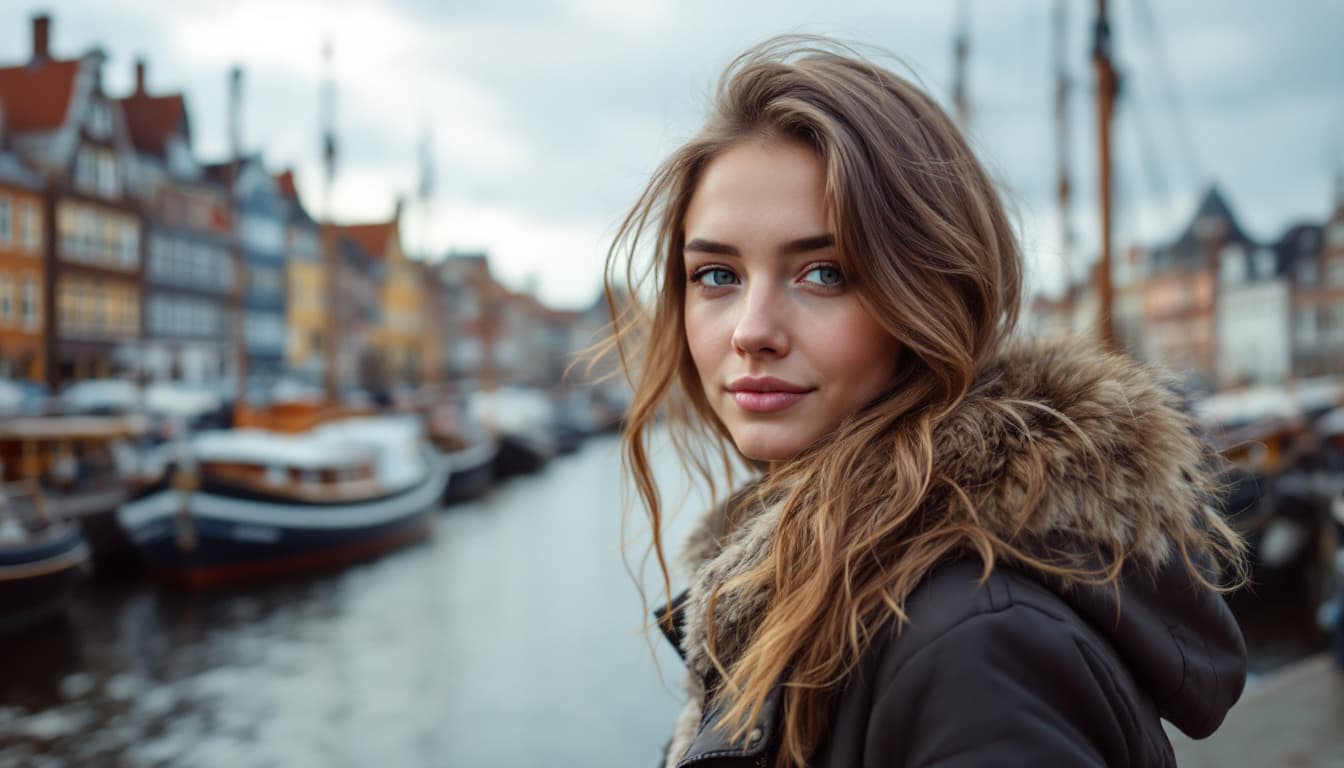 AI generated: a young woman photographed with the Nyhavn thats in Denmark at the background, landscape, highly det...