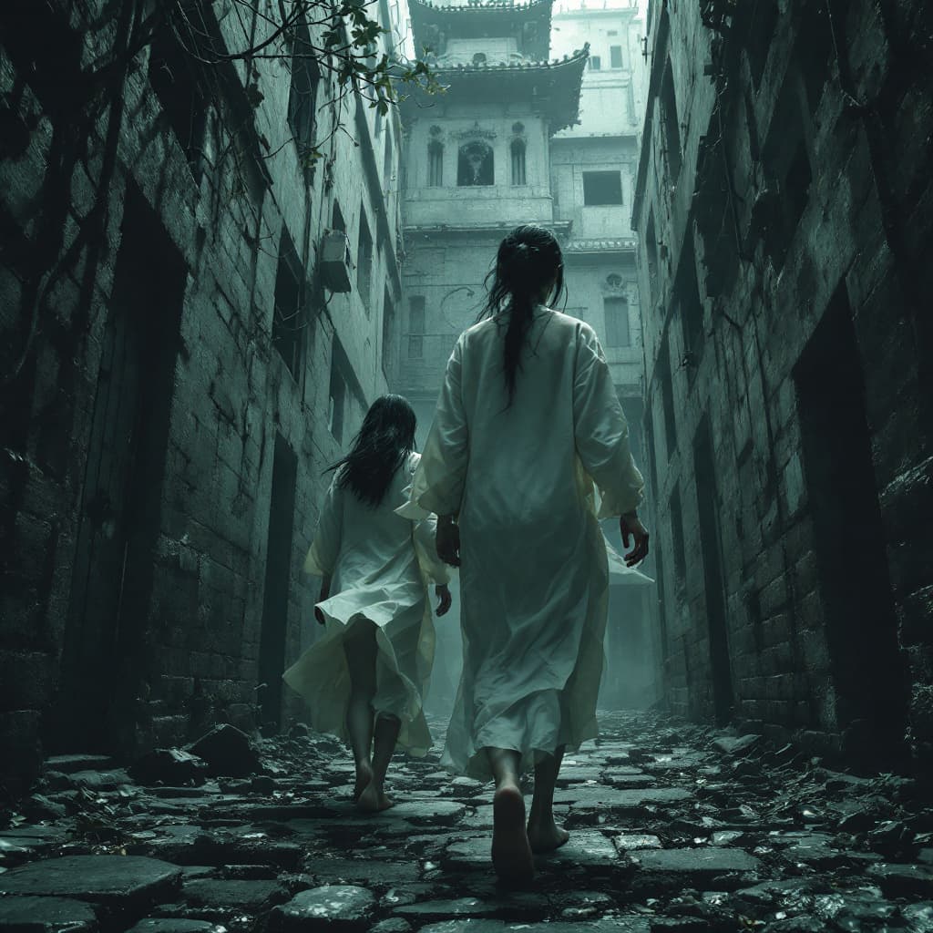 AI generated: The building is a maze of death, full of traps and monsters. Two barefoot korean young scared women,...