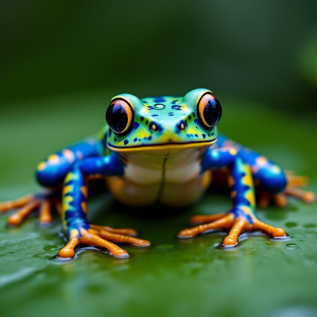 AI generated: a picture of a colourful dart frog on a lily pad with some rain droplet splashes visible in the styl...