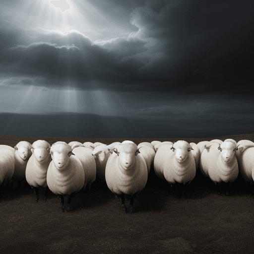 AI generated: A photography of A flock of white sheep, prostrating themselves before a black sheep standing on its...