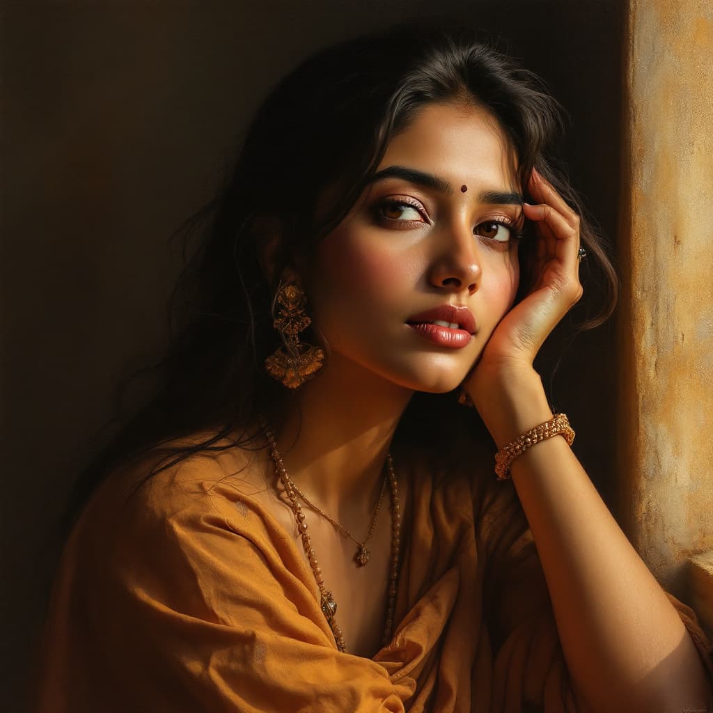 AI generated: An Indian woman in her late 20s, exuding a serene and contemplative mood, sits for a fine art portra...