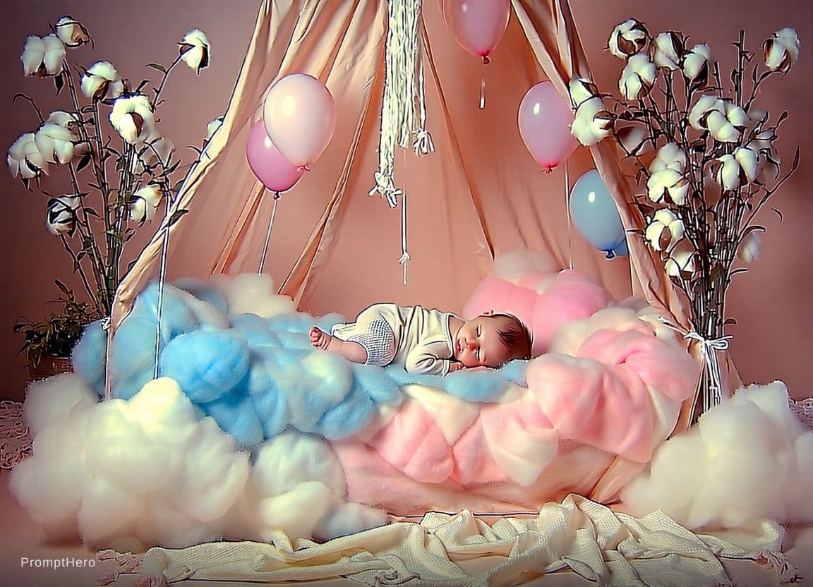 AI generated: create a image of a newborn in a super padded pink and blue crib with balloons around it with soft g...