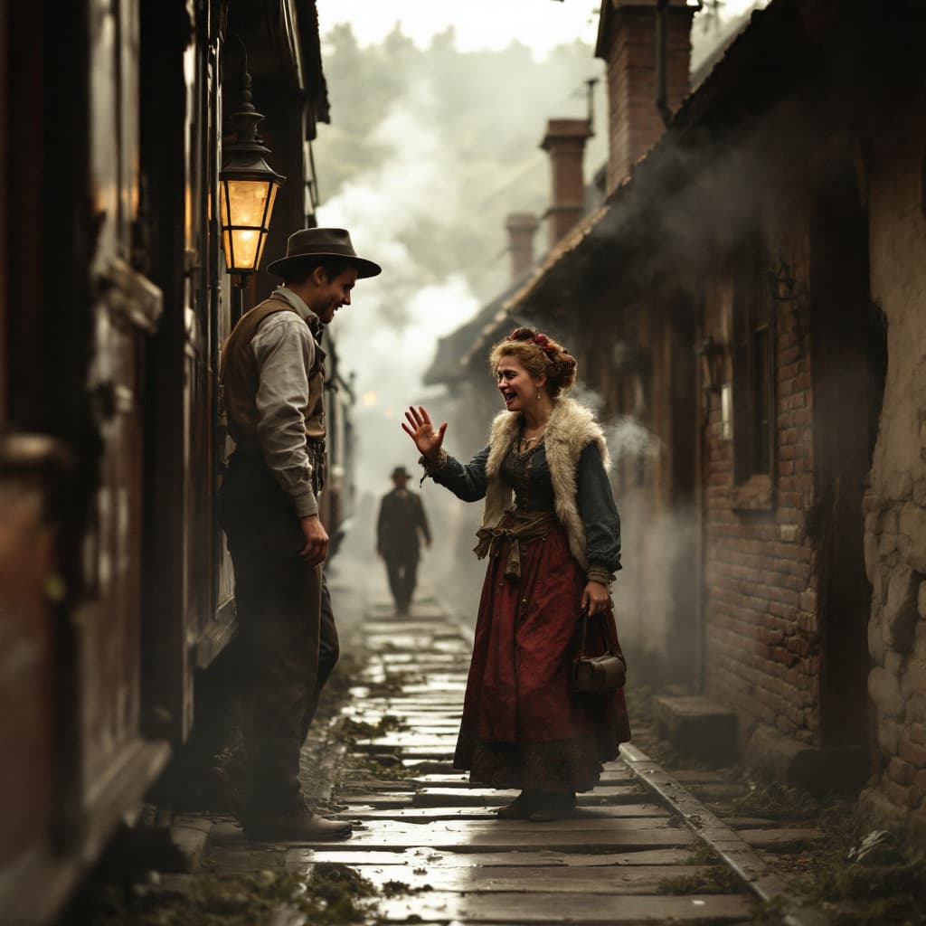 AI generated: 5.	"A dramatic departure at a rural train station in Italy, 1880s, as a son boards a train while his...