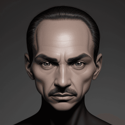 AI generated: a black and white photo of a fifty-year-old man, serious, with a straight nose, a wide forehead, ver...