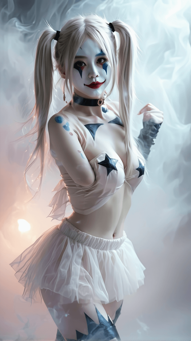 AI generated: A stunning masterpiece showing a Harley Quinn portrayal in a dreamlike and captivating light. She we...