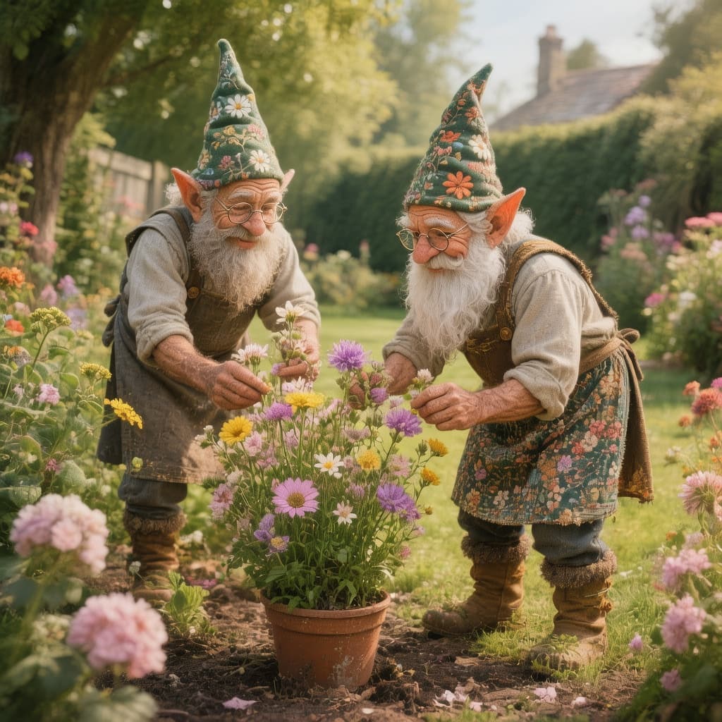 AI generated: Ultra-realistic spring dark-skinned Gnomes picking flowers from the garden 

