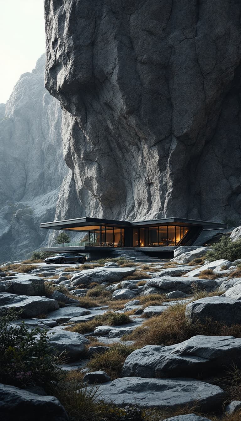 AI generated: the futuristic house in a rocky area with car, rock and house, in the style of dark gray and dark bl...
