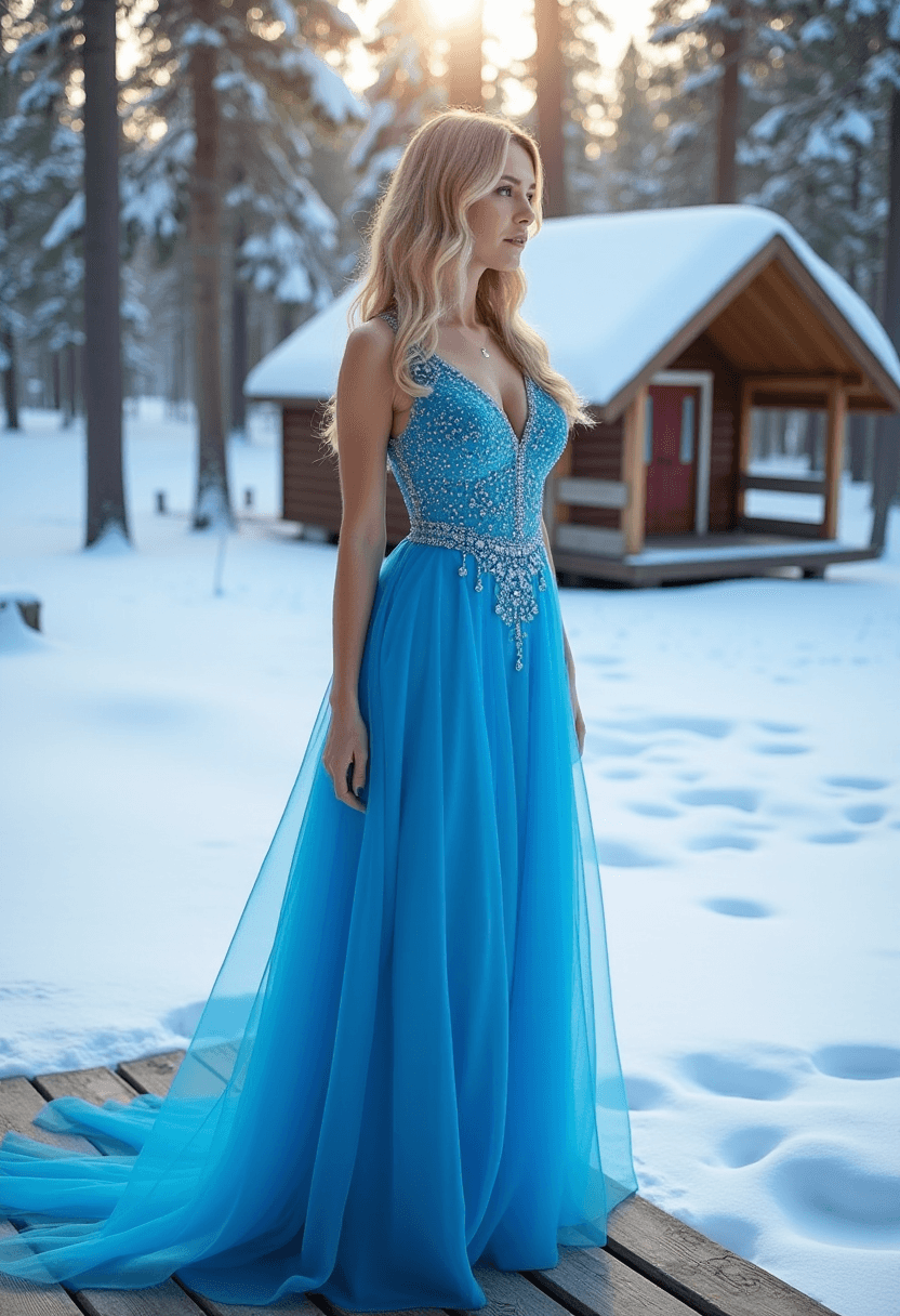 AI generated: In the heart of a snowy landscape, a woman in a vibrant blue dress stands poised on a wooden deck. H...