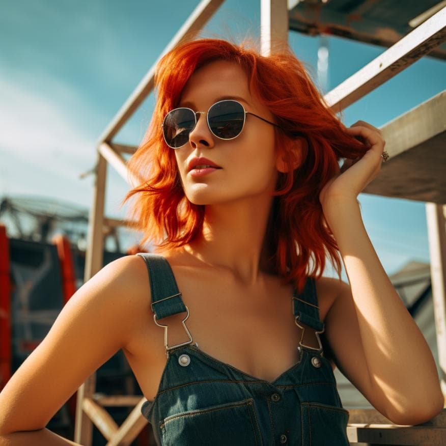 AI generated: beautiful girl with red hair bob hairstyle, working as a builder, in 80s Miami Style, shot on Sony 7...
