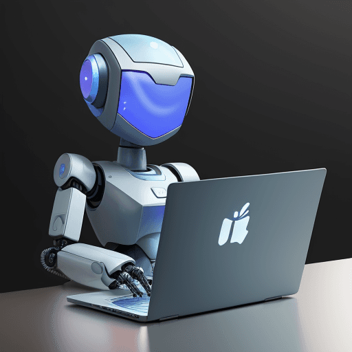 AI generated: Create an image of a robot holding a laptop with a distinctive detail linking it to a recruitment pl...