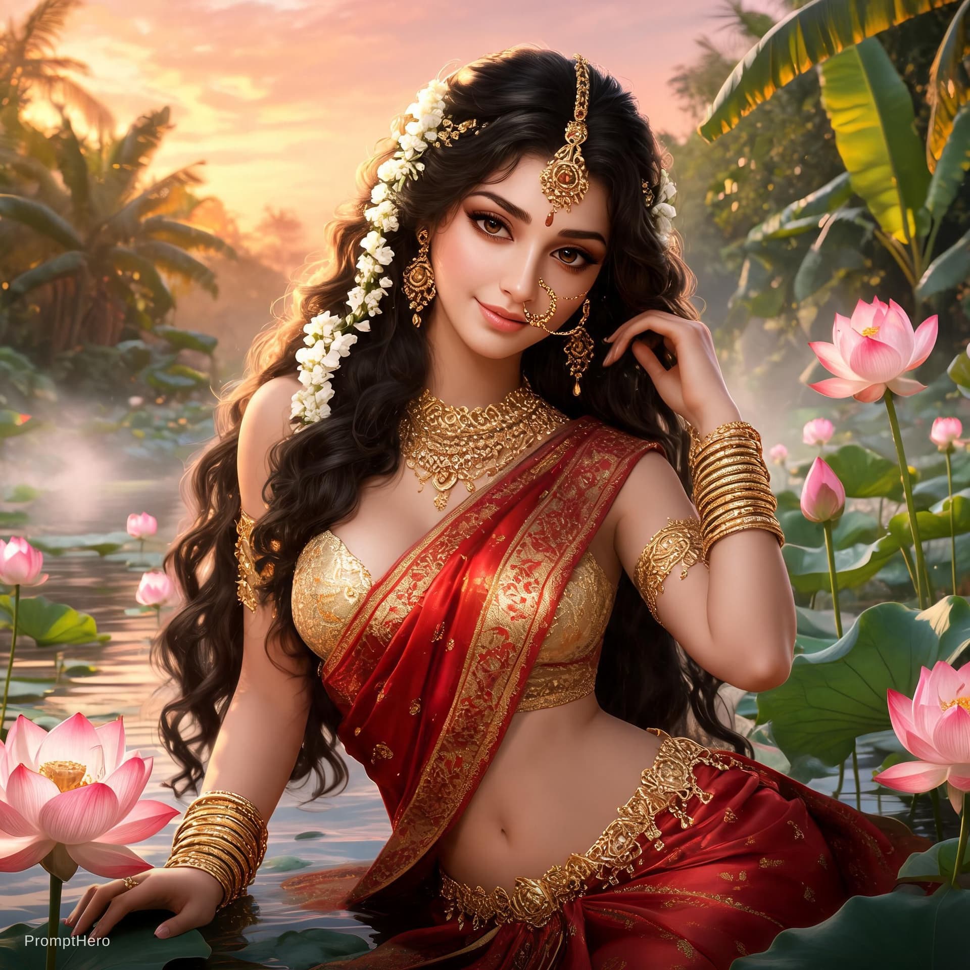 AI generated: Indian mythological goddess being seductive need 10 images 