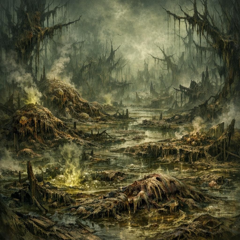 AI generated: Create a unique environment/Biome of a Decay → The Rotting Mire (sinking land, constant decompositio...
