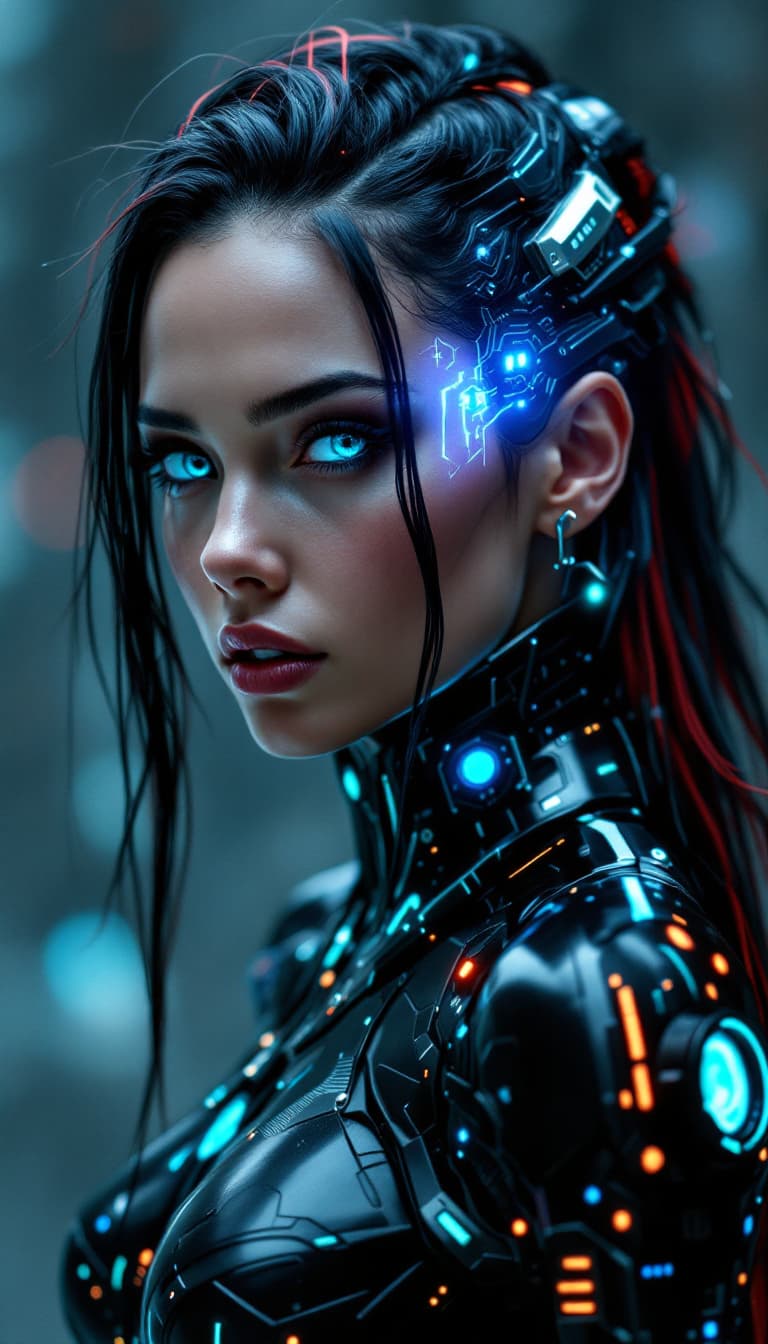 AI generated: An ultra-realistic, full-body portrait of a captivating cyberpunk data weaver woman, radiating techn...