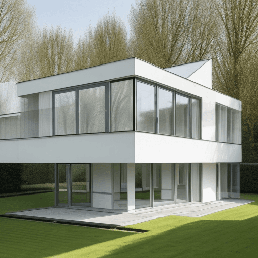 AI generated: modern house in Bauhaus Dessau style, big windows towards a nice clean garden with apple trees and a...