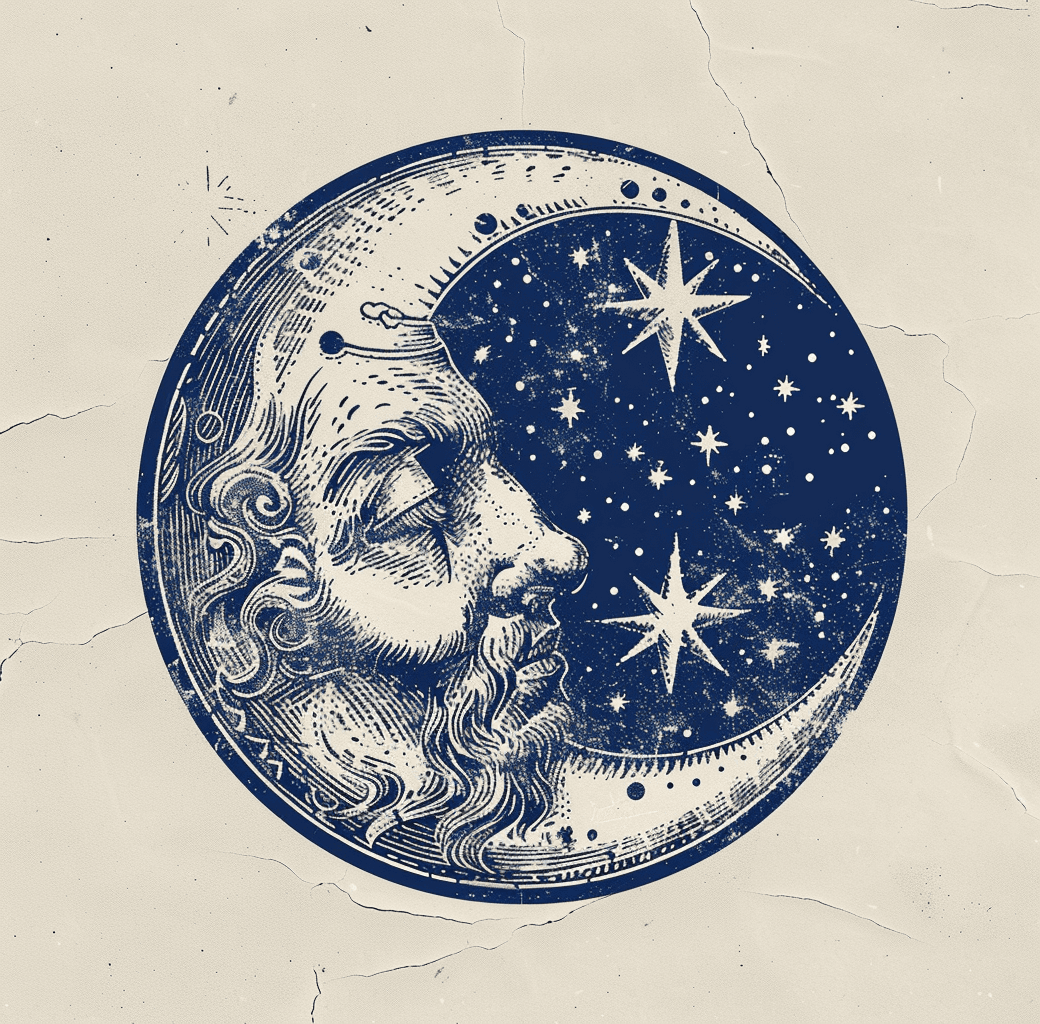 AI generated: A vintage moon and stars sticker, hand drawn in an old school style, with deep blue ink on white pap...
