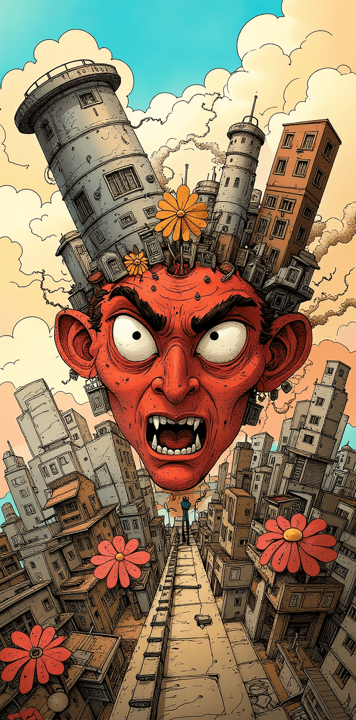 AI generated: cartoon with a colorful face surrounded by a city, in the style of tim doyle, industrial forms, pack...