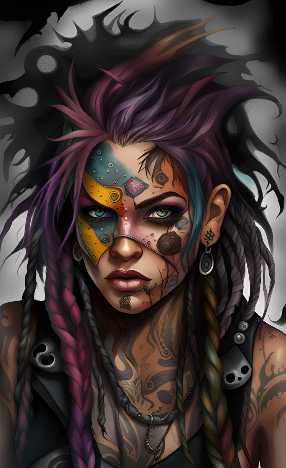 AI generated: A portrait poster of a female sci fi punk, voodoo, dream like, disheveled grunge appearance, messy u...