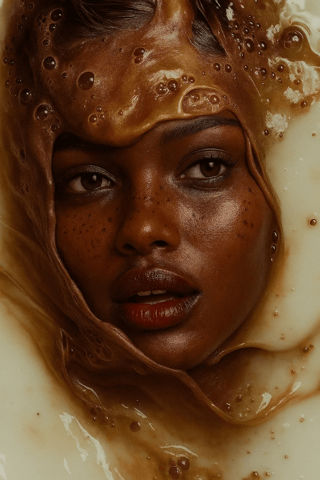 AI generated: A stunning, freckled, dark-skinned woman's face emerges from swirling dense, foamy, cream, captured ...