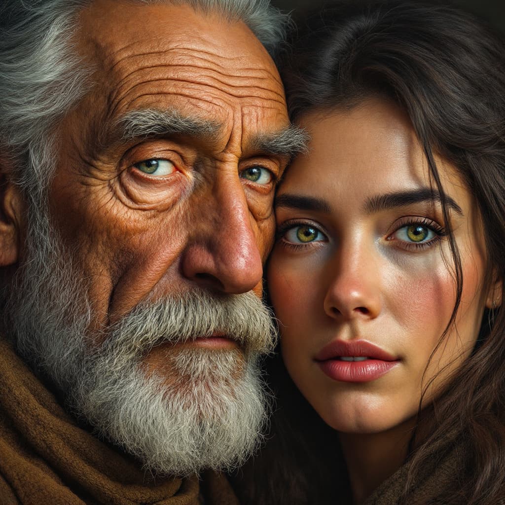 AI generated: A highly detailed and visually appealing artistic depiction of two human faces—father and son—create...