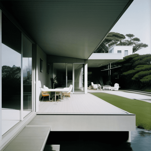 AI generated: Hyper realistic eye level exterior photo of a mid century modern style house overlooking the ocean, ...