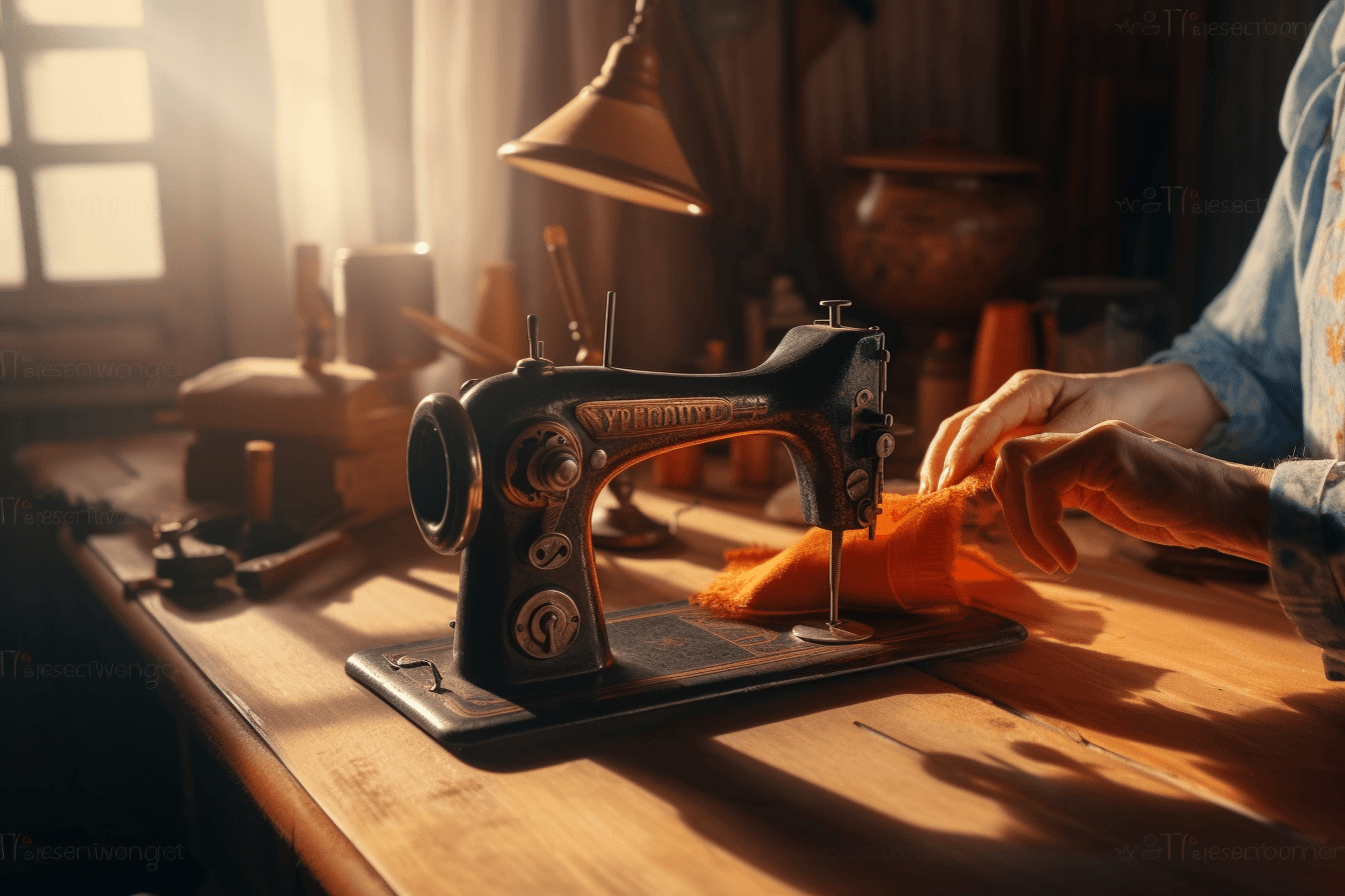 AI generated: person sewing a blue and orange fabric by hand, with a metal sewing machine, wooden table, threads a...