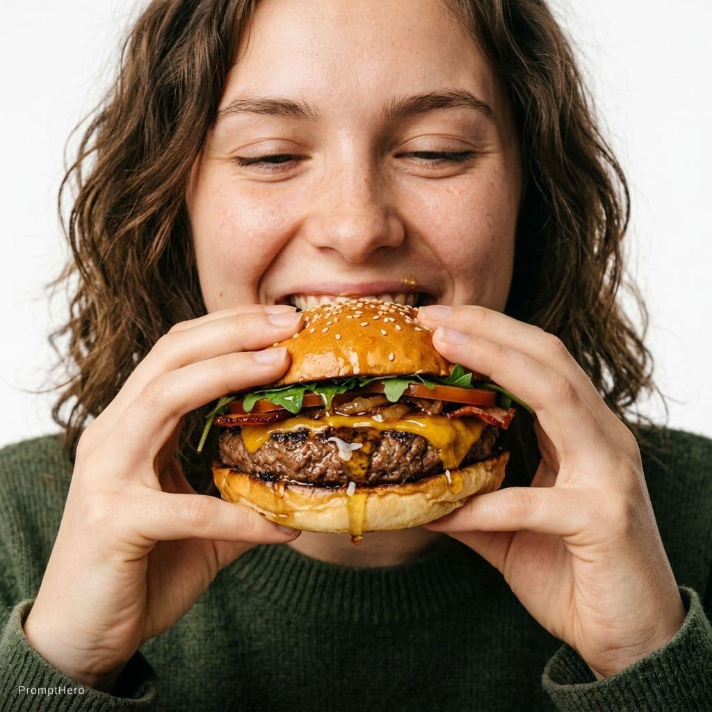 AI generated: Isolated young person with a natural appearance eating a juicy gourmet hamburger, with drips of hpne...