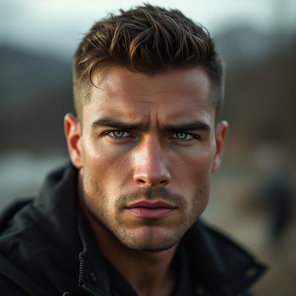 AI generated: A male in his 20's,muscular, face is very masculine.  the width of his chins is wide,his eyes are ho...