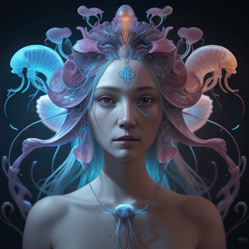AI generated: Goddess close-up portrait ribcagel. jellyfish phoenix head, nautilus, orchid, skull, betta fish, bio...