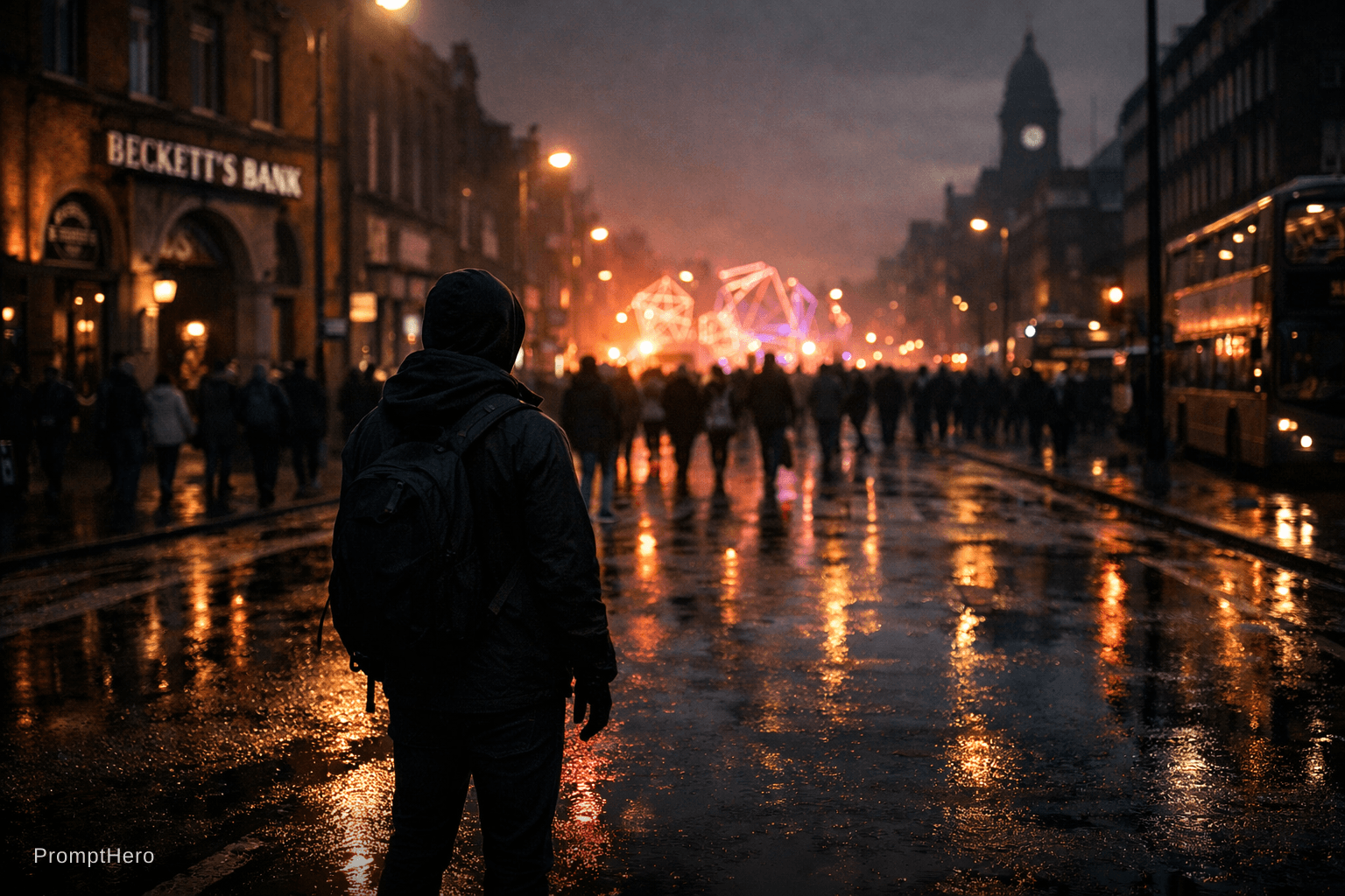 AI generated: Cinematic wide street-level photograph of a UK Leeds city street at the end of a night light festiva...