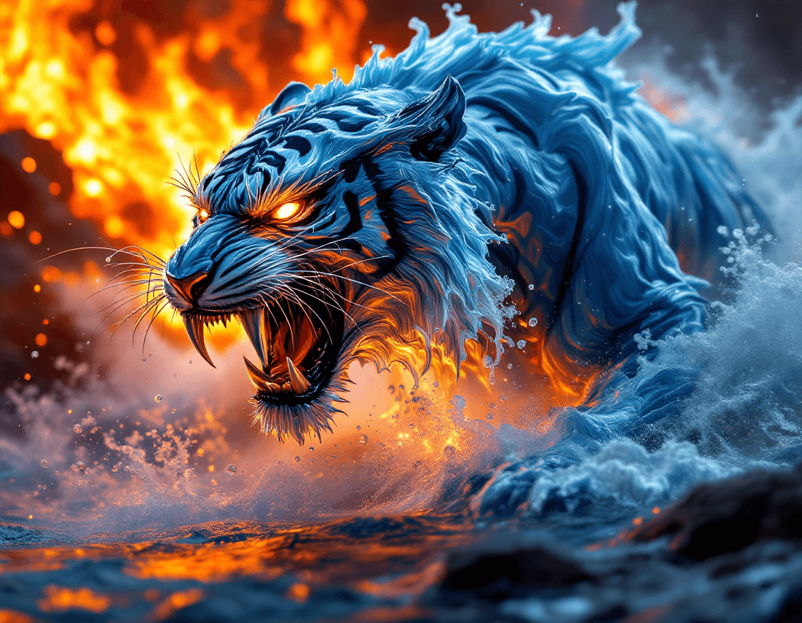 AI generated: A hyper-detailed, photorealistic image of a powerful, terrifying sabertooth tiger composed entirely ...
