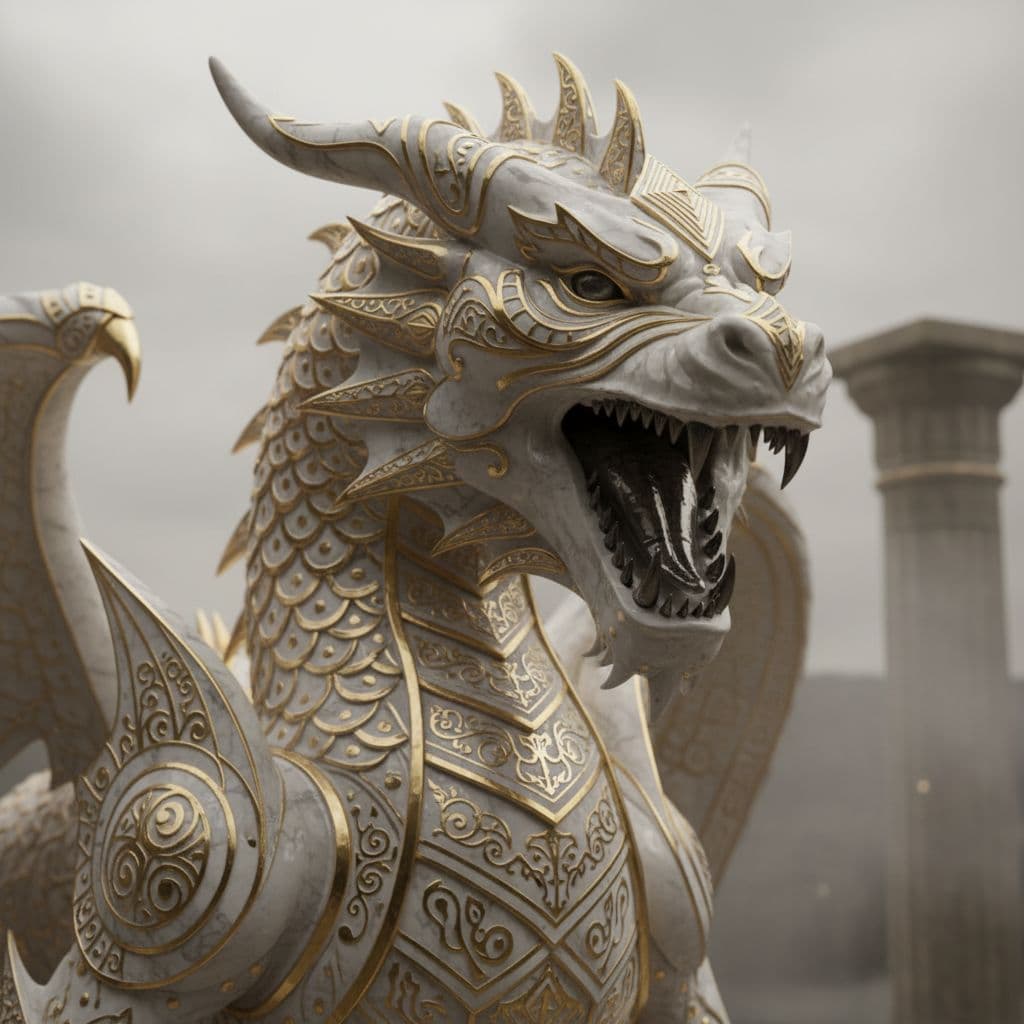 AI generated: a close-up dragon statue, made of marble, gold and white details, complicated patterns, complicated ...