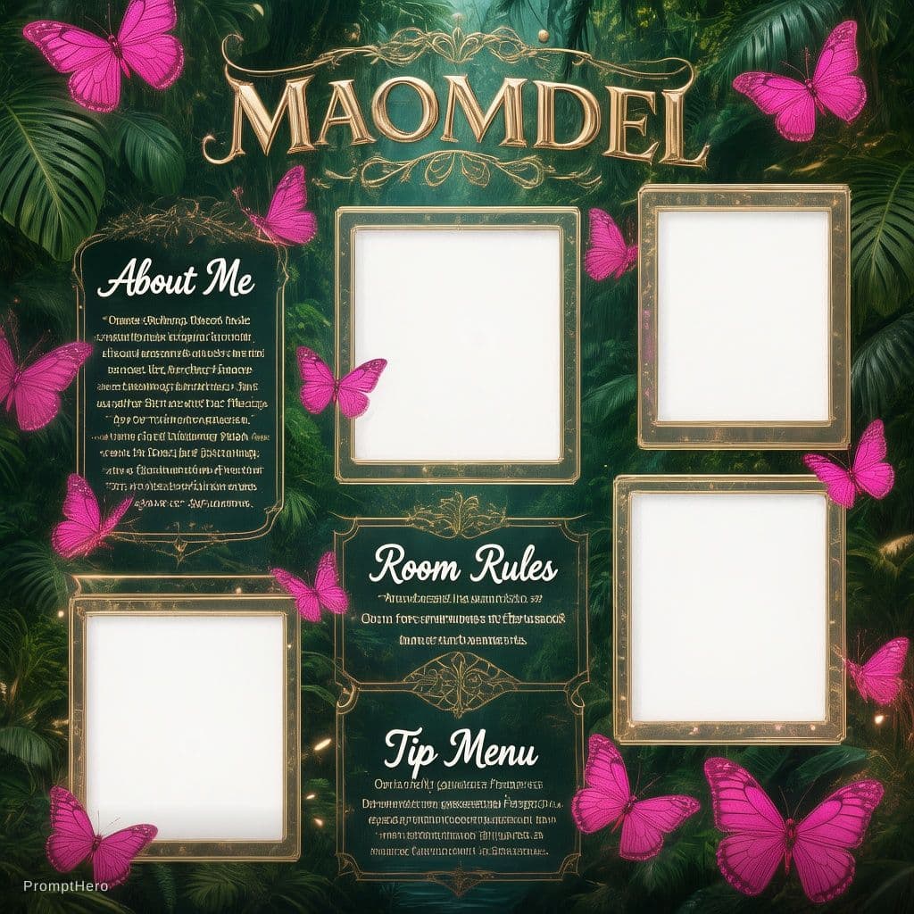 AI generated: Vertical cam model profile layout template, jungle theme with lush tropical leaves, elegant feminine...