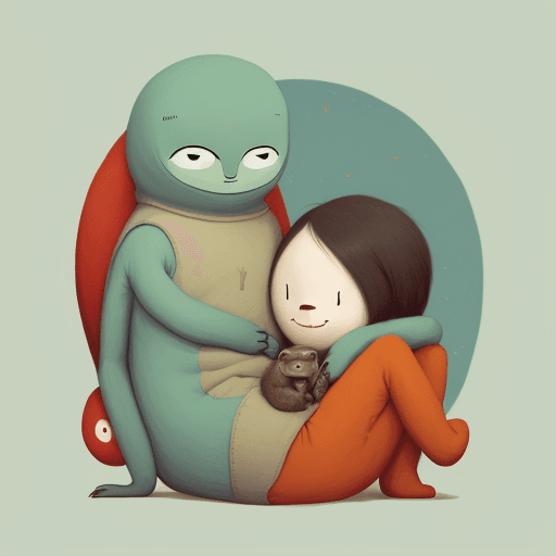AI generated: Happy strange human friends cuddling, cute critters, by oliver jeffers